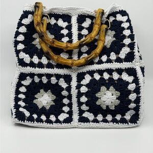 Hand Crafted Navy, White & Tan Crochet Tote with Bamboo Handles
